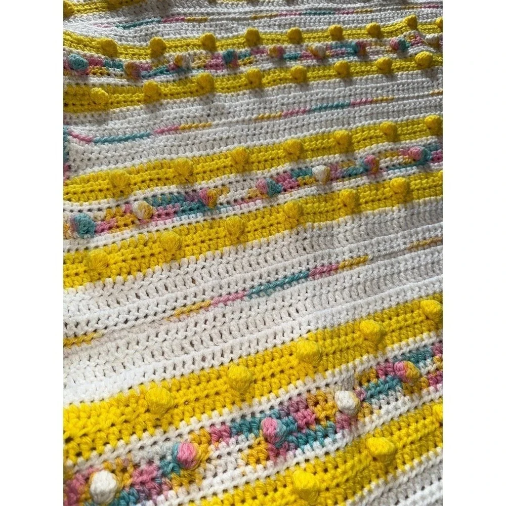 Little Duck Crochet Baby Blanket Pastel Stripe Bobble Pom‎ Pom Edge 36x36